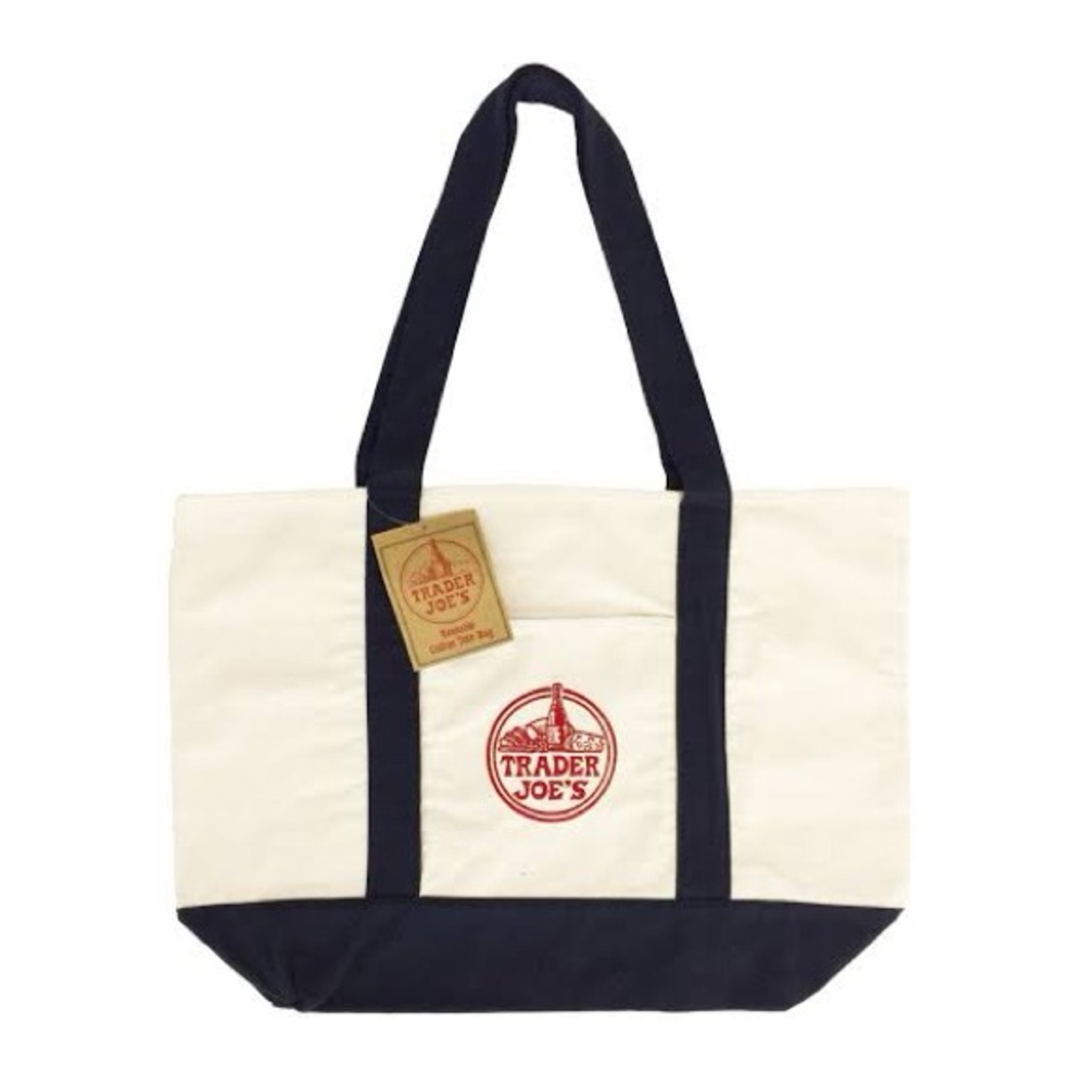 Trader Joe’s Large Reusable Canvas Tote Bag Navy Red Logo NWT